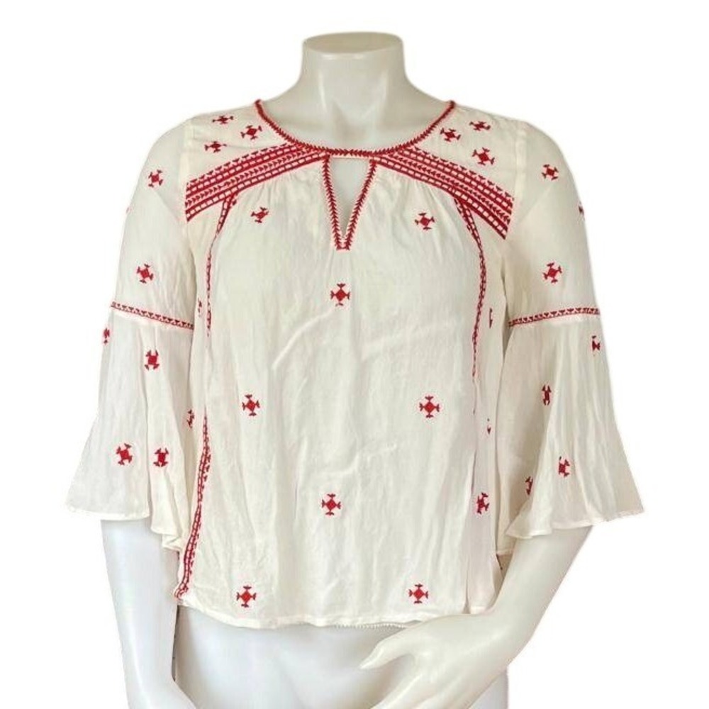 Floreat White Red Embroidered Bell Sleeve Boho Peasant Blouse Top Size 0 Cottage
